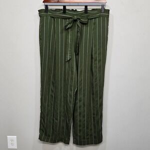 Vince Wide Leg Striped Trousers Women 3X Green Pinstripe‎ Paperbag Waist Belted